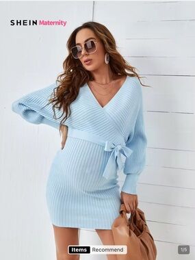 SHEIN Maternity Surplice Neck Belted Sweater Dress